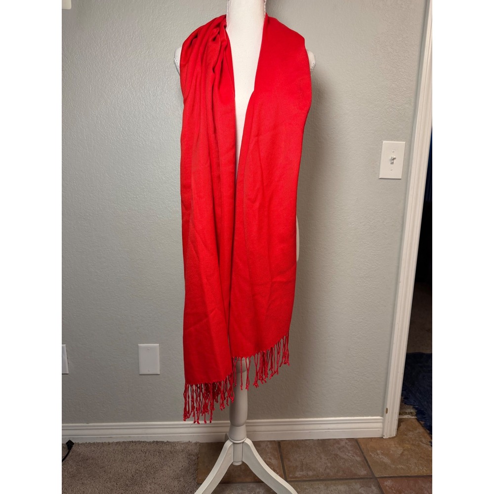 Pashmina World Red Silk Cashmere Blend Fringe Wrap Scarf Handmade India